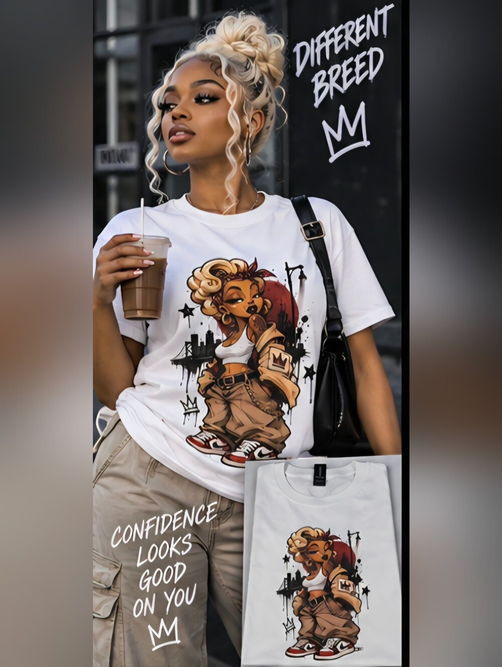 Gildan White Graphic Tee with Urban Cartoon Print in Tan and Red Accents